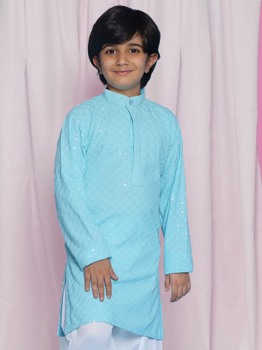 Aj Dezines Sky Blue Schiffli Full Sleeves Embroidered Kurta For Boys