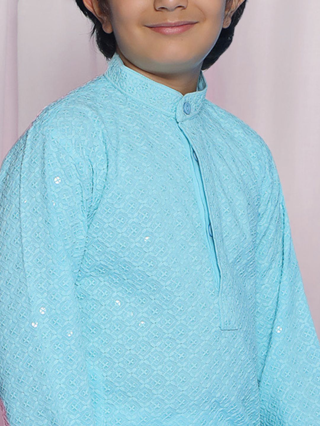 SKY BLUE Schiffli Full sleeves Embroidered Kurta for Boys