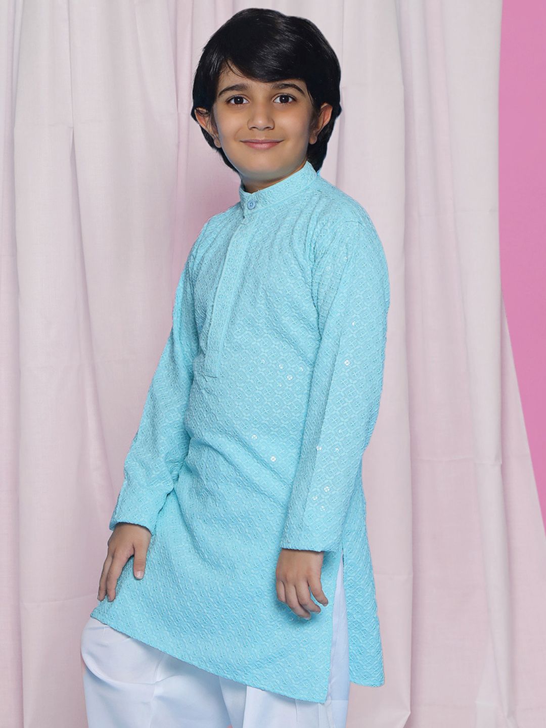 Aj Dezines Sky Blue Schiffli Full Sleeves Embroidered Kurta For Boys