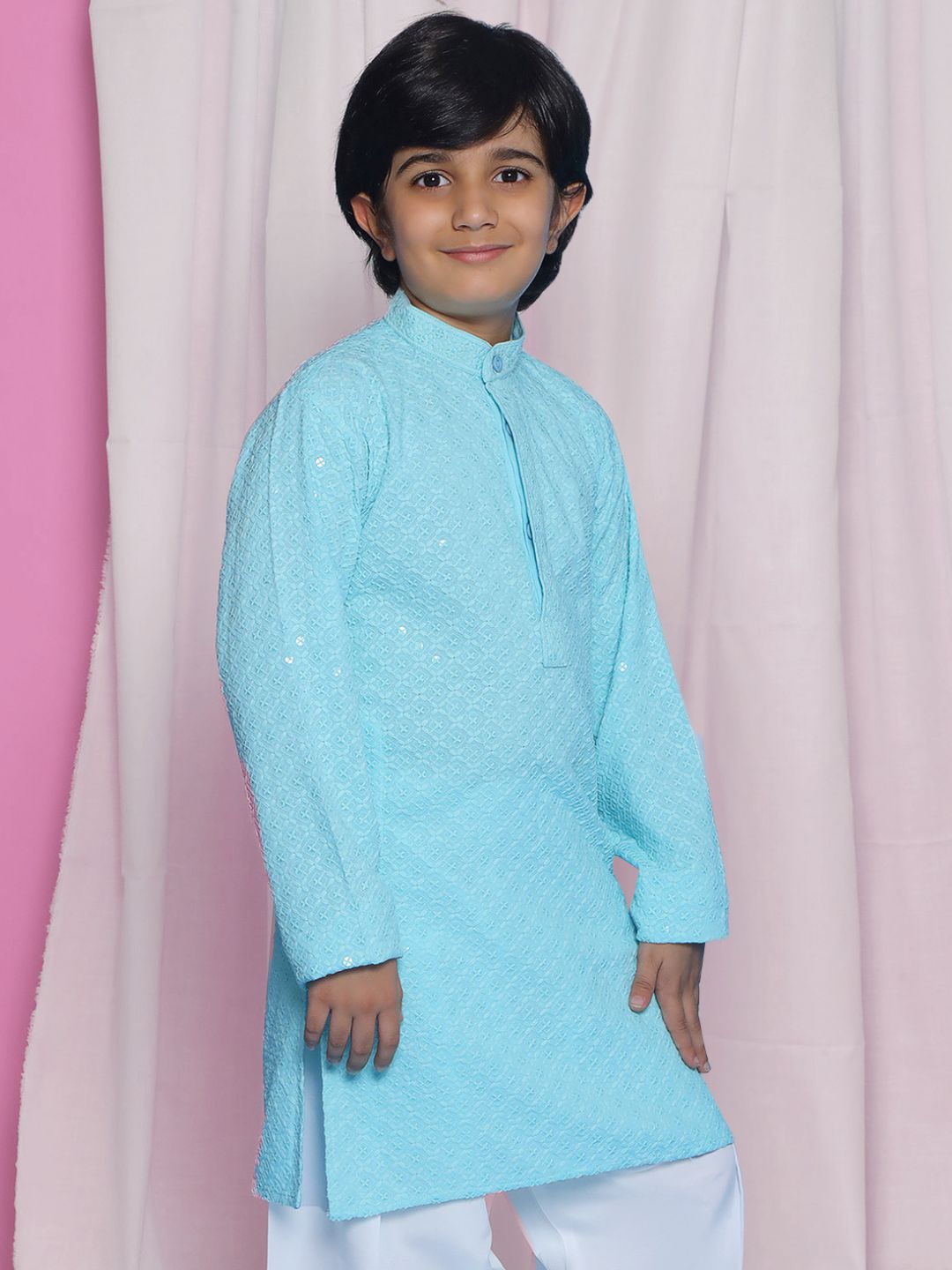 Aj Dezines Sky Blue Schiffli Full Sleeves Embroidered Kurta For Boys