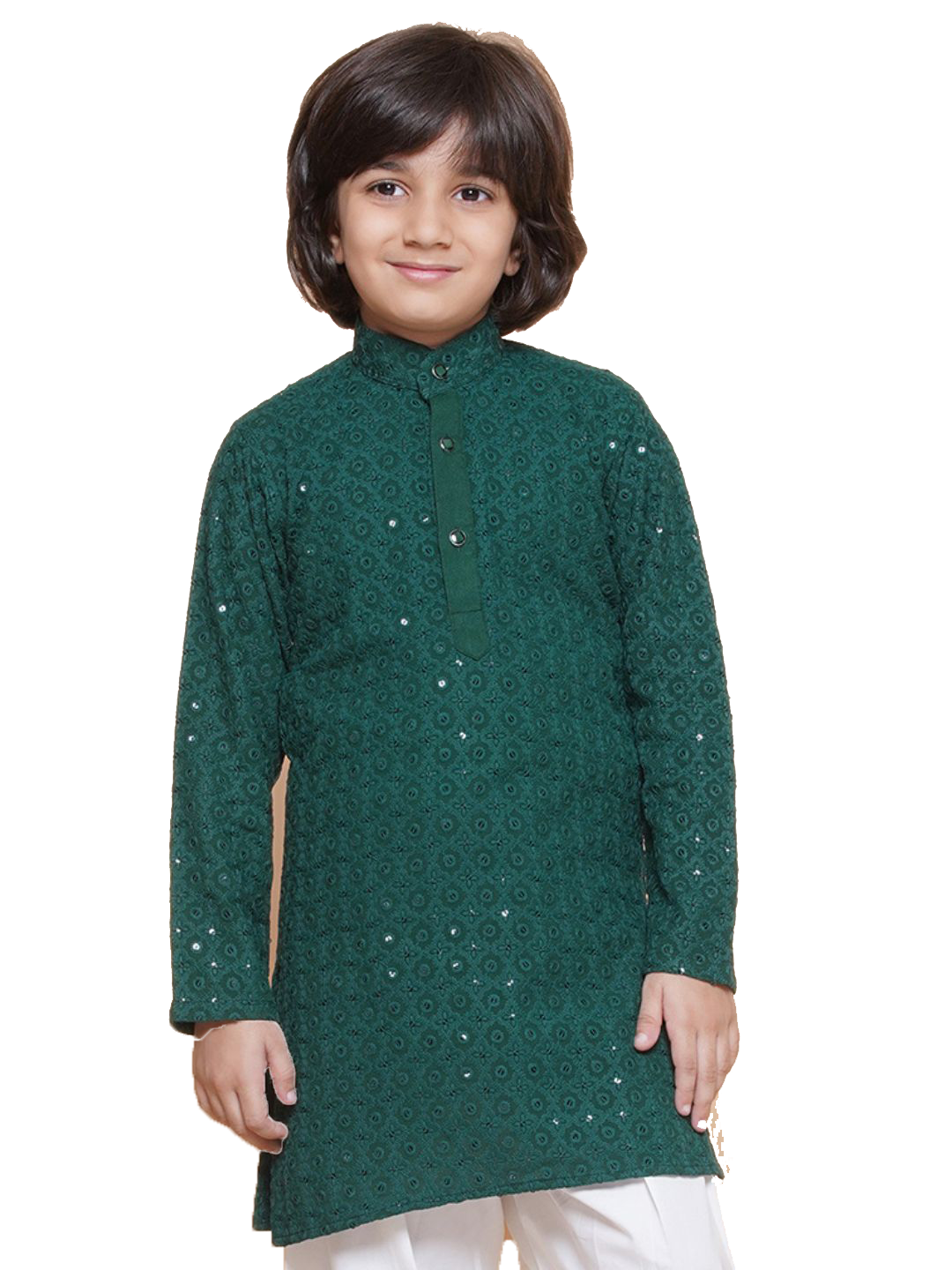 Teal Schiffli Full Sleeves Embroidered Kurta For Boys