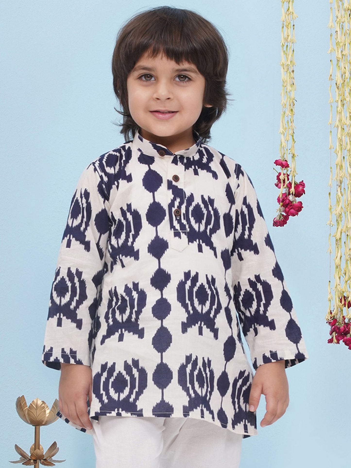 Blue Pure Cotton Full sleeves Abstract Printed Kurta for Boys