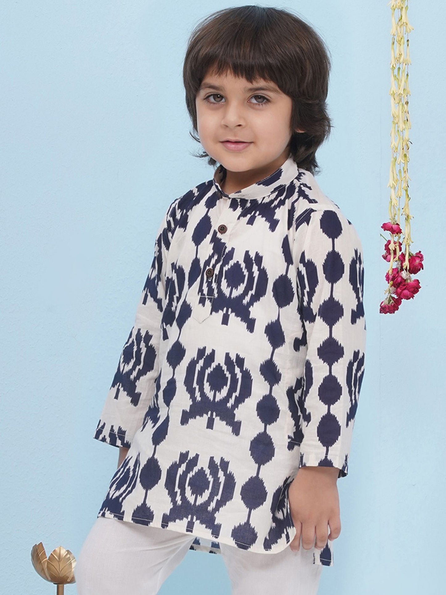 Blue Pure Cotton Full sleeves Abstract Printed Kurta for Boys