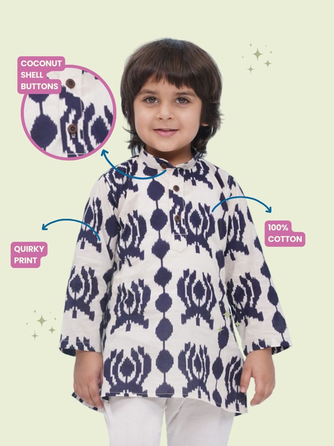 Blue Pure Cotton Full sleeves Abstract Printed Kurta for Boys