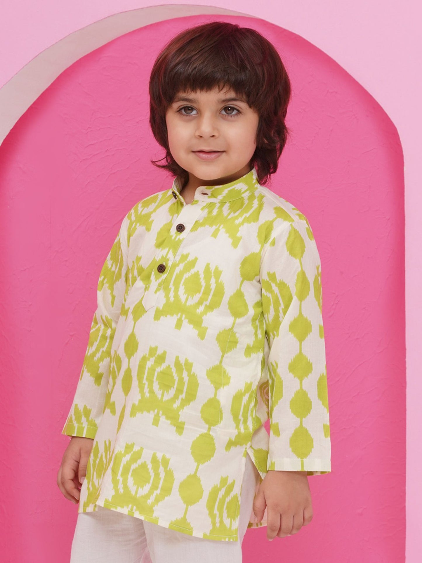 GREEN Pure Cotton Full sleeves Abstract Printed Kurta for Boys