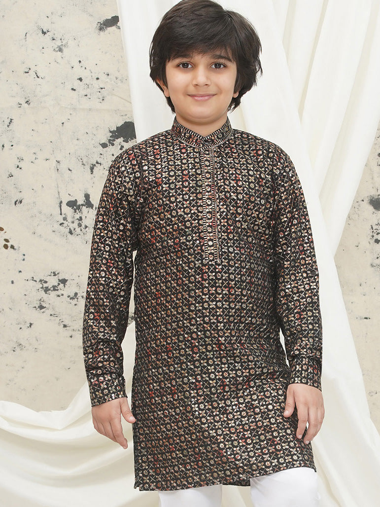 AJ Dezines Gold Full sleeves Sequenced Cotton Blend Kurta For Boys