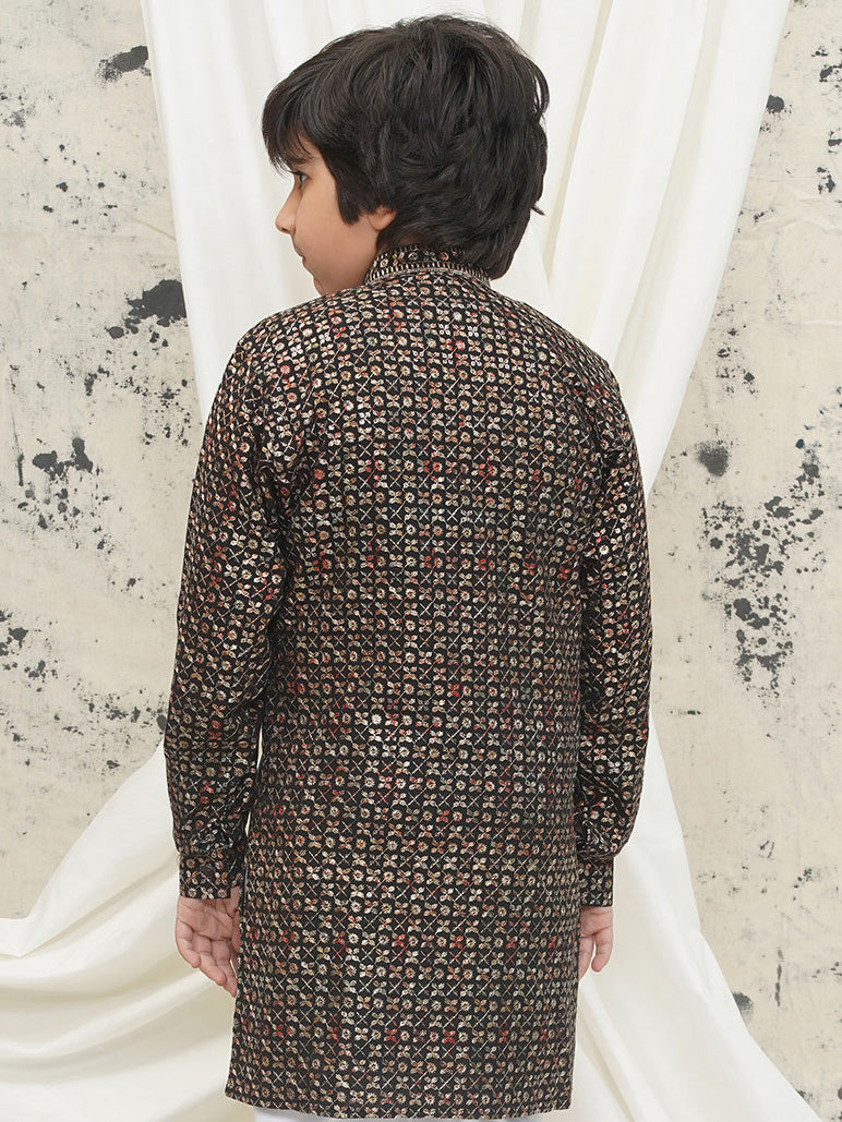 AJ Dezines Gold Full sleeves Sequenced Cotton Blend Kurta For Boys