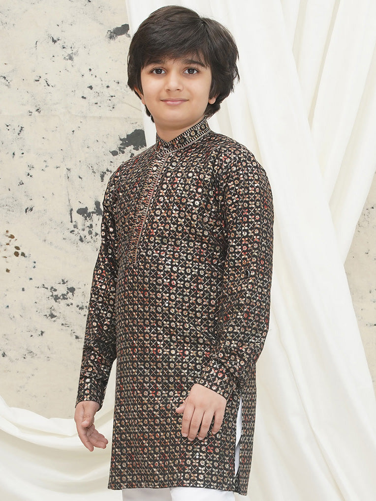 AJ Dezines Gold Full sleeves Sequenced Cotton Blend Kurta For Boys