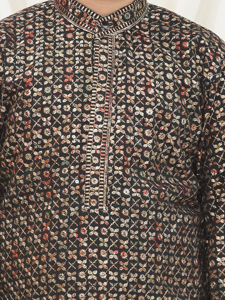 AJ Dezines Gold Full sleeves Sequenced Cotton Blend Kurta For Boys