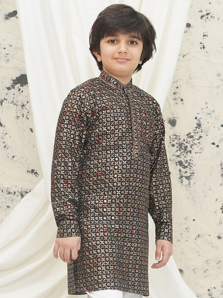 Gold Full sleeves Sequenced Cotton Blend Kurta For Boys - AJ Dezines