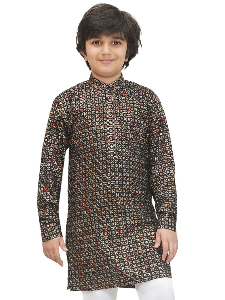Gold Full sleeves Sequenced Cotton Blend Kurta For Boys - AJ Dezines