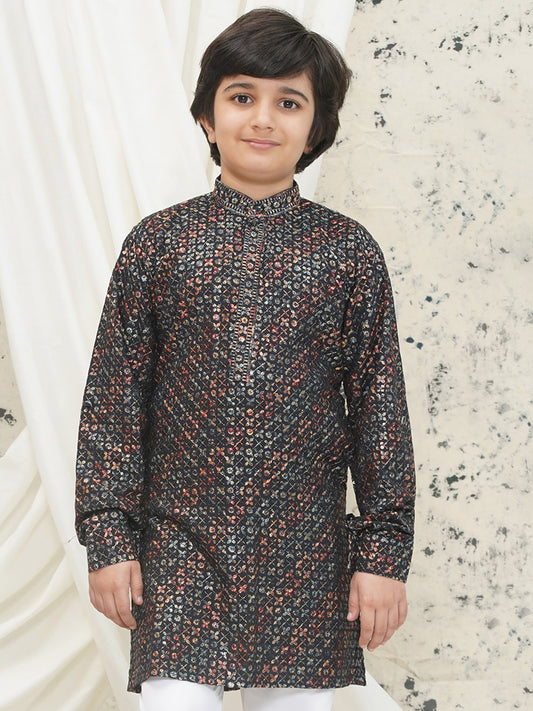 AJ Dezines Green Full sleeves Sequenced Cotton Blend Kurta For Boys