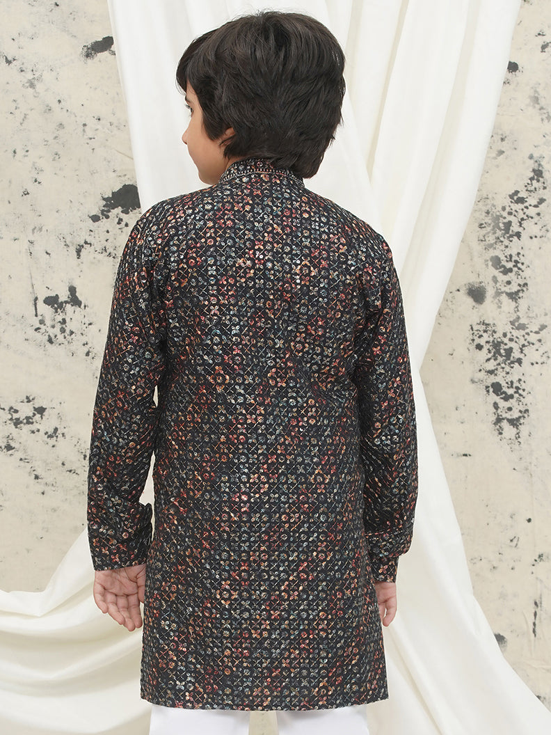 AJ Dezines Green Full sleeves Sequenced Cotton Blend Kurta For Boys