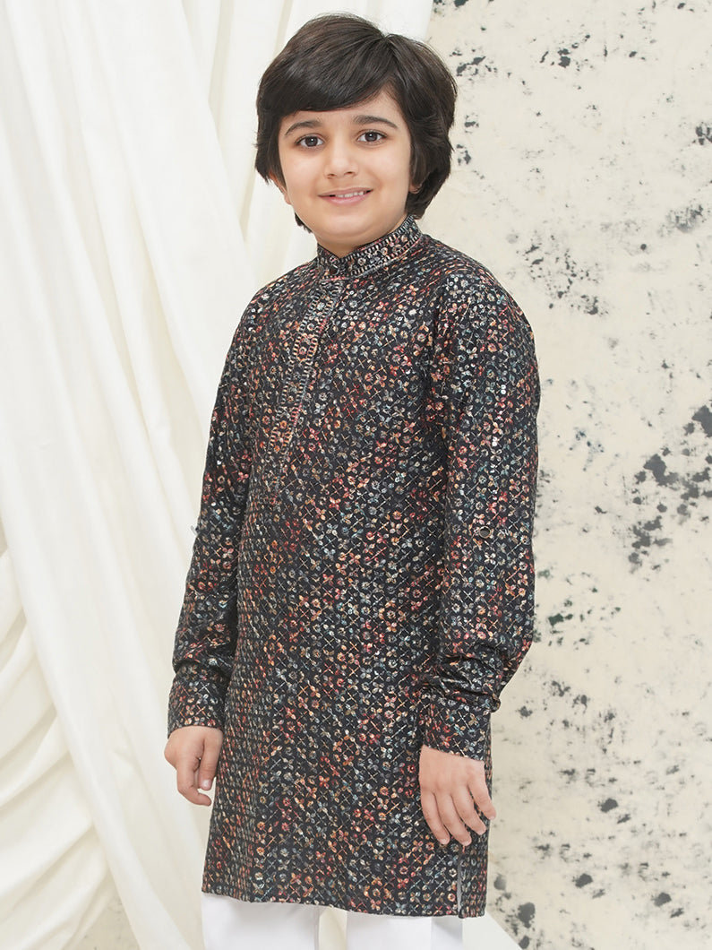 AJ Dezines Green Full sleeves Sequenced Cotton Blend Kurta For Boys
