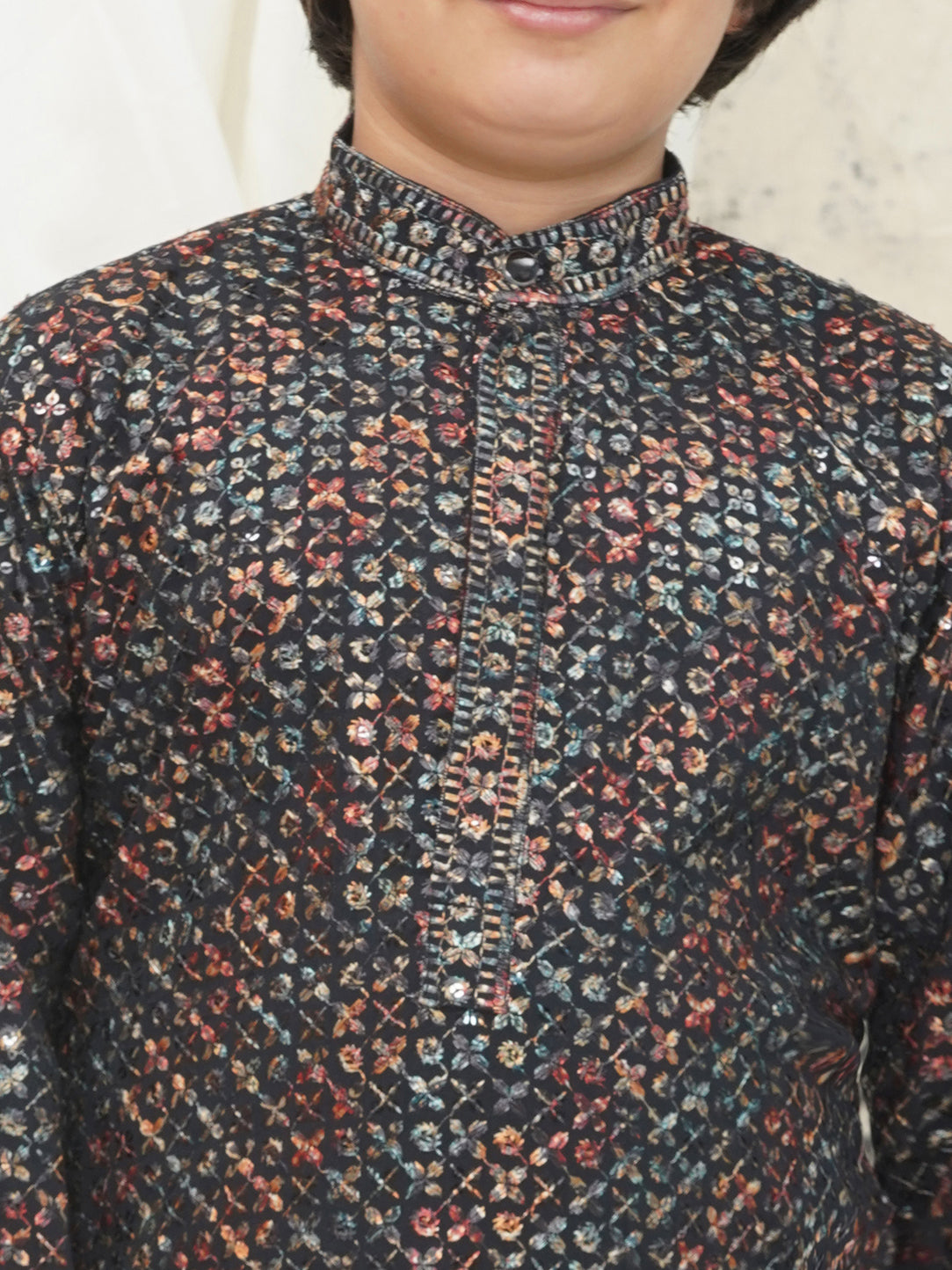 AJ Dezines Green Full sleeves Sequenced Cotton Blend Kurta For Boys