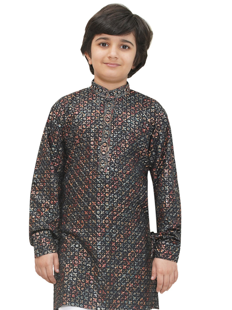 AJ Dezines Green Full sleeves Sequenced Cotton Blend Kurta For Boys