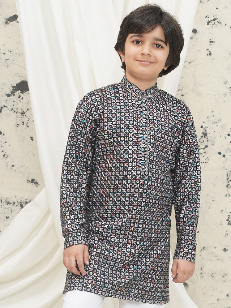 AJ Dezines Grey Full sleeves Sequenced Cotton Blend Kurta For Boys