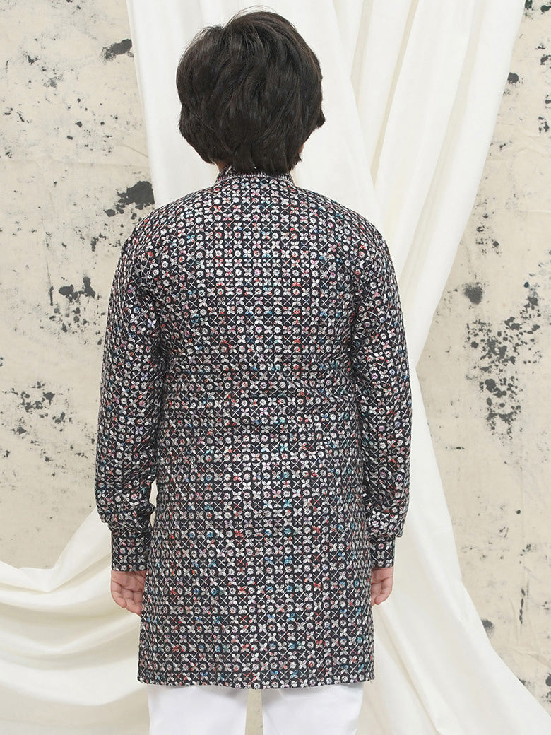 AJ Dezines Grey Full sleeves Sequenced Cotton Blend Kurta For Boys