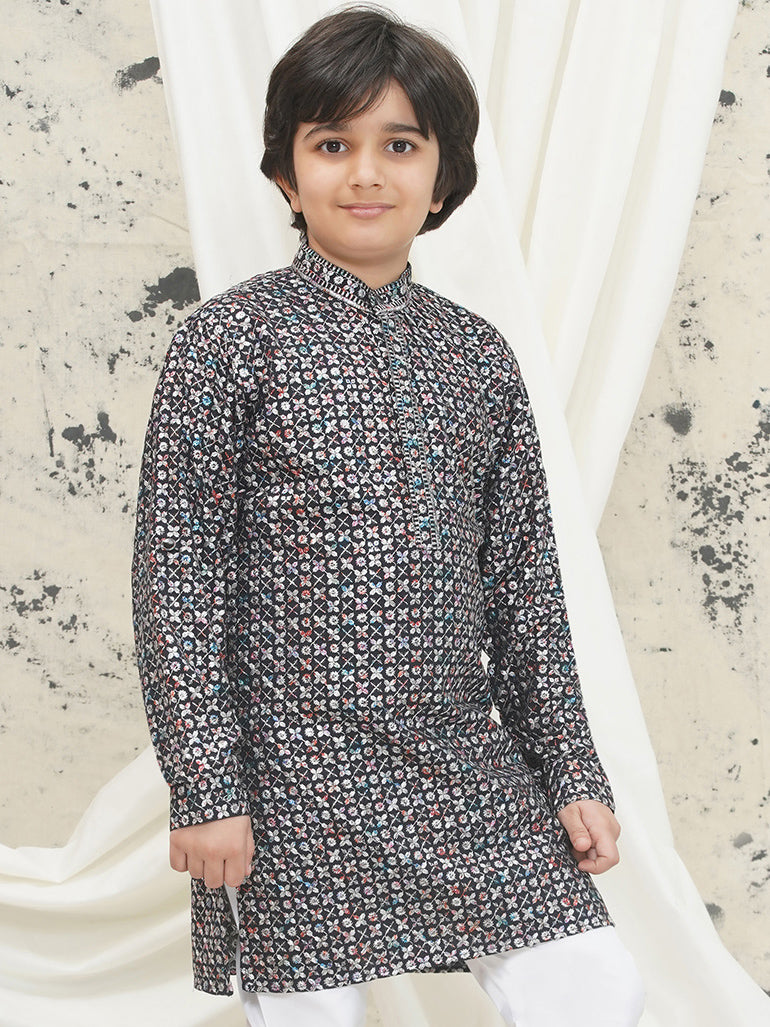 AJ Dezines Grey Full sleeves Sequenced Cotton Blend Kurta For Boys