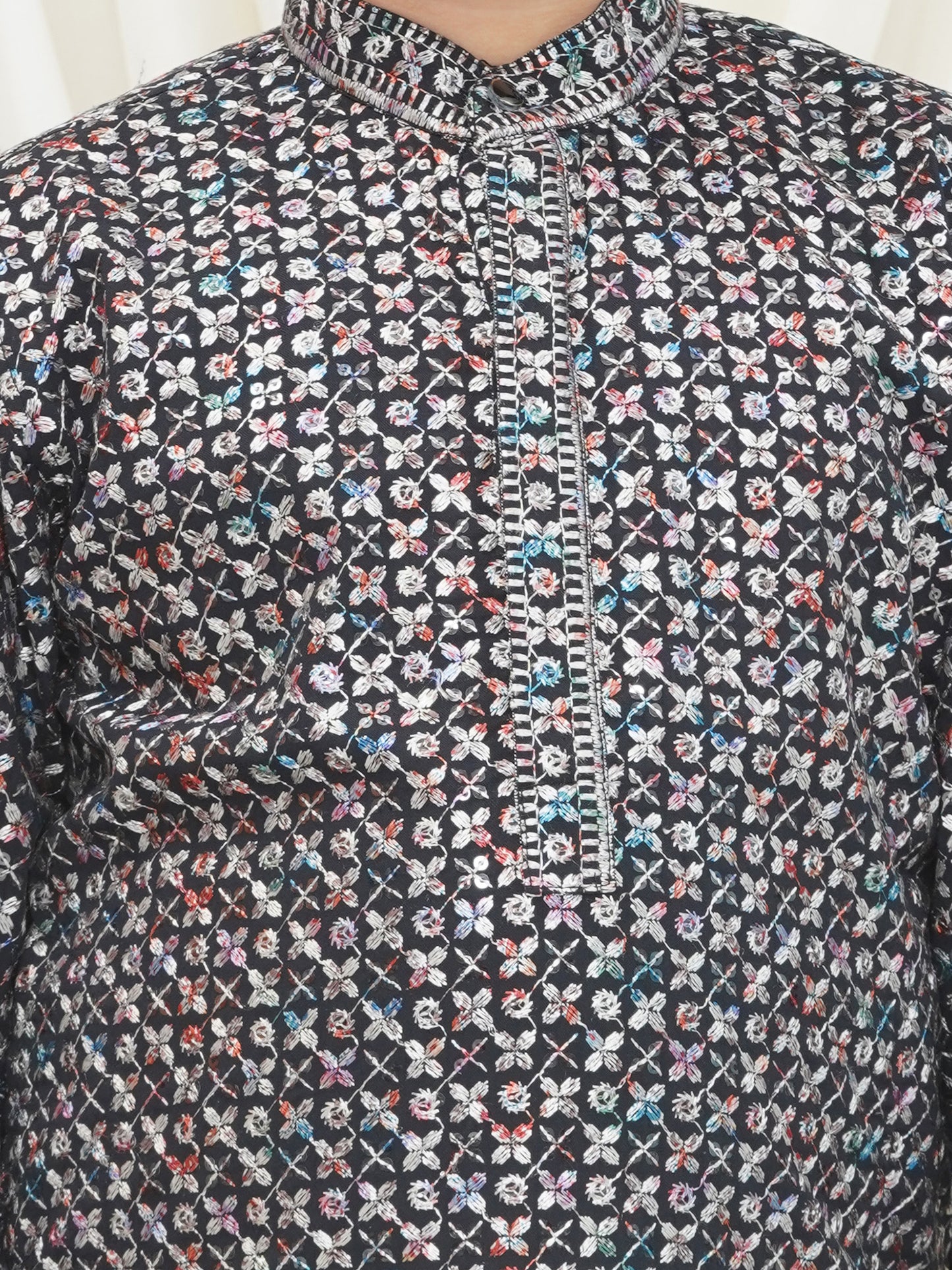 AJ Dezines Grey Full sleeves Sequenced Cotton Blend Kurta For Boys