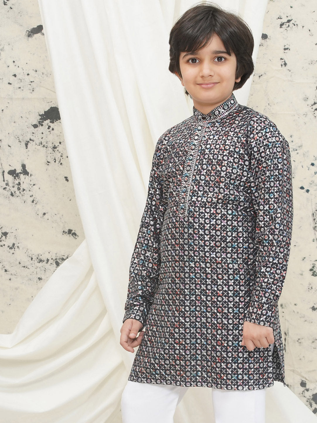 AJ Dezines Grey Full sleeves Sequenced Cotton Blend Kurta For Boys