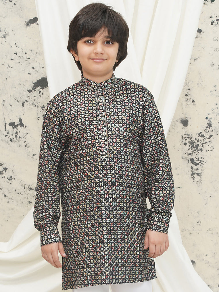 Multi Full sleeves Sequenced Cotton Blend Kurta For Boys