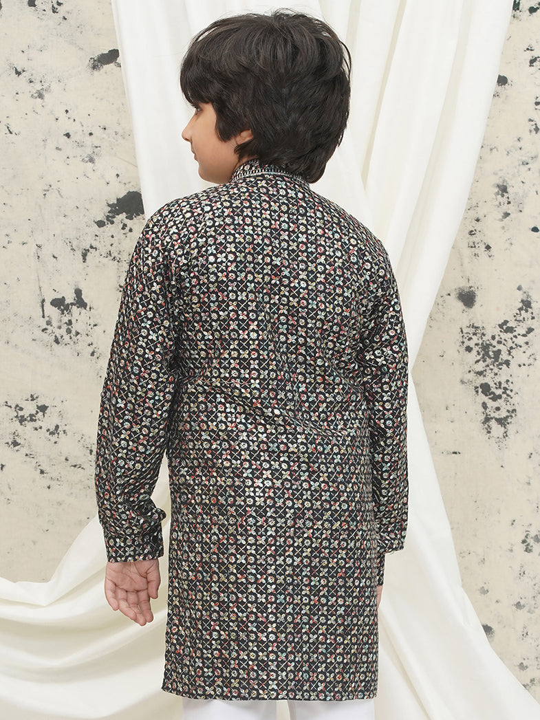 Multi Full sleeves Sequenced Cotton Blend Kurta For Boys