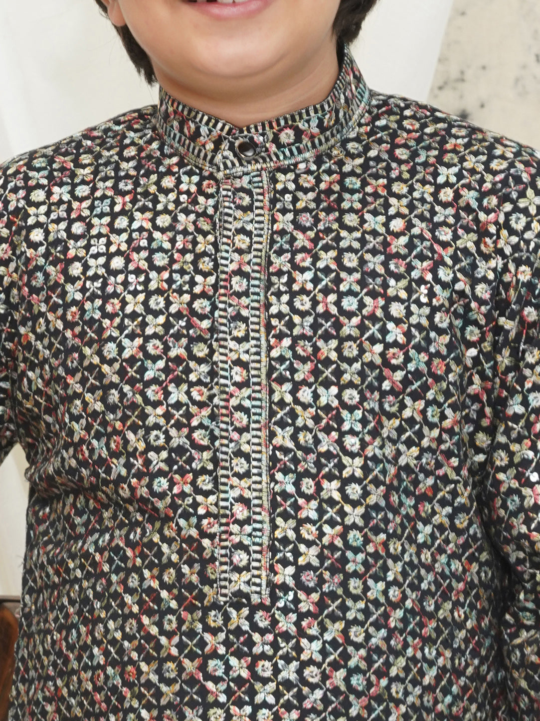 AJ Dezines Multi Full sleeves Sequenced Cotton Blend Kurta For Boys