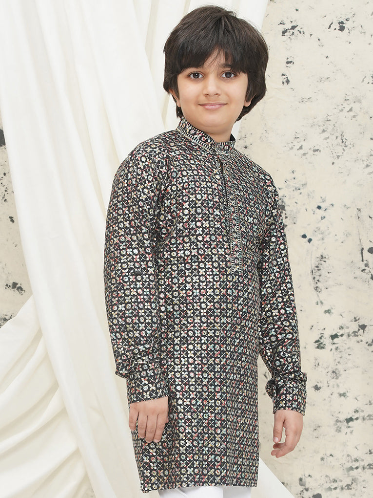 AJ Dezines Multi Full sleeves Sequenced Cotton Blend Kurta For Boys