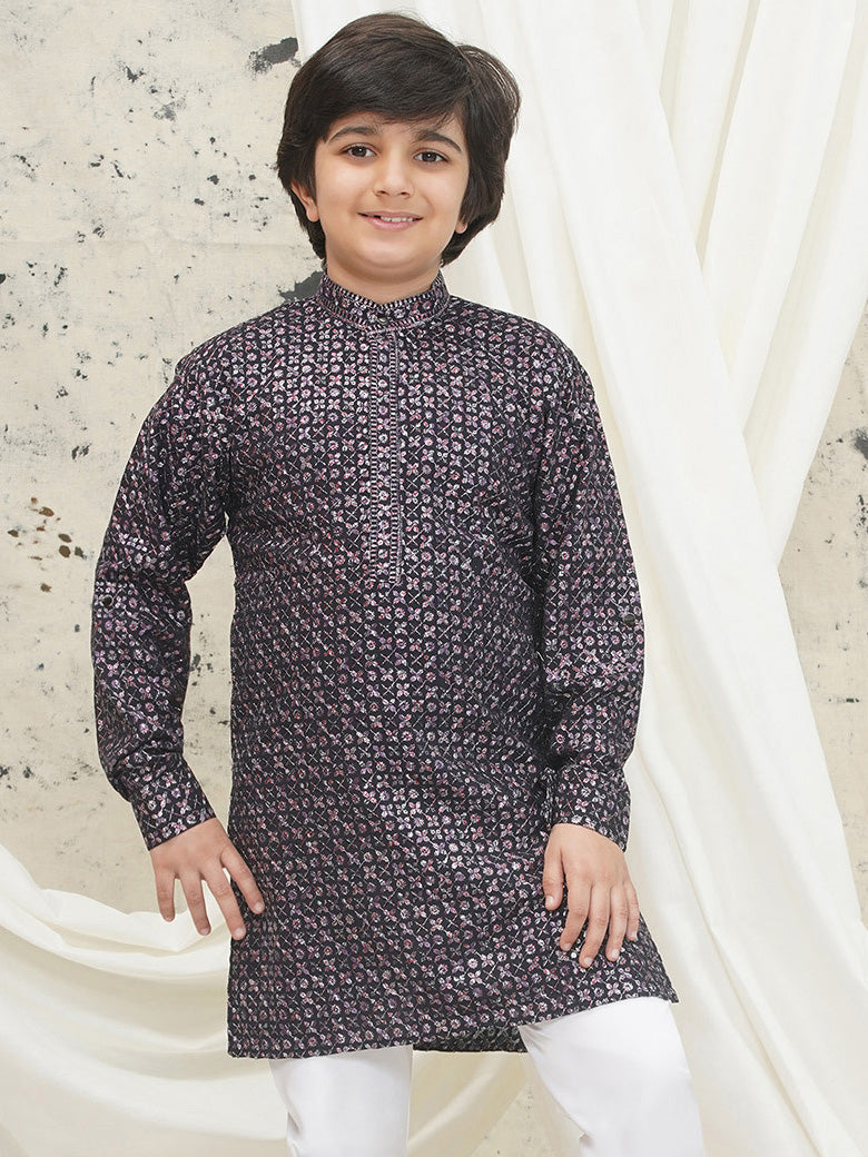 AJ Dezines Purple Full sleeves Sequenced Cotton Blend Kurta For Boys