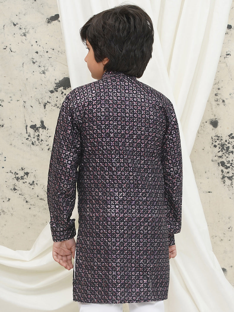 AJ Dezines Purple Full sleeves Sequenced Cotton Blend Kurta For Boys