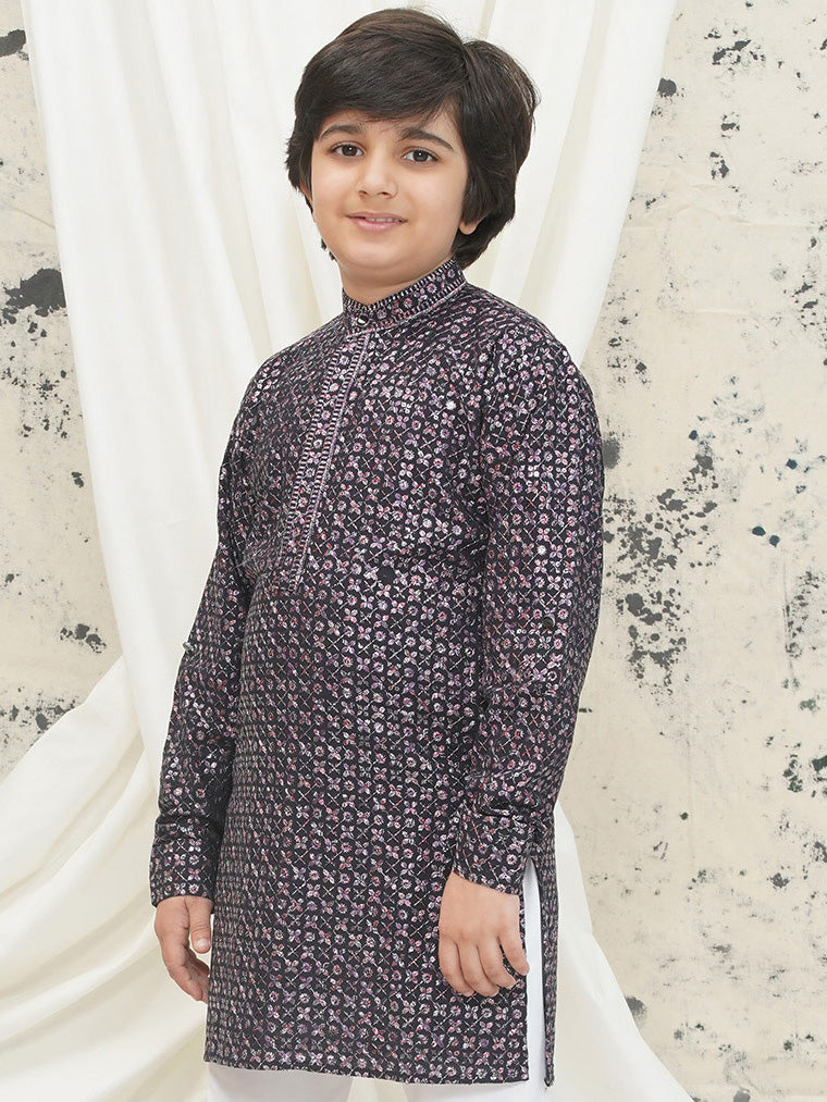 Purple Full sleeves Sequenced Cotton Blend Kurta For Boys