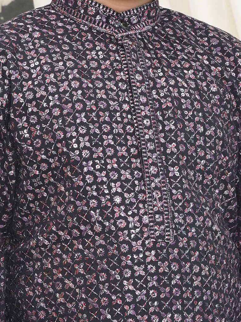 AJ Dezines Purple Full sleeves Sequenced Cotton Blend Kurta For Boys