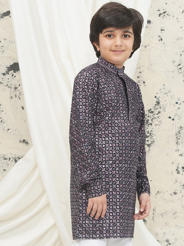 Purple Full sleeves Sequenced Cotton Blend Kurta For Boys