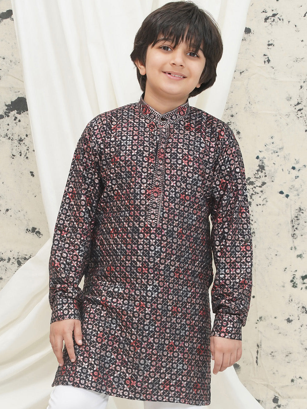 Red Full sleeves Sequenced Cotton Blend Kurta For Boys