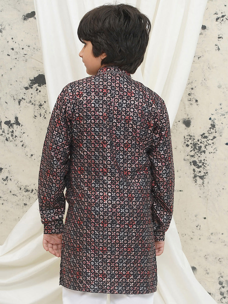 AJ Dezines Red Full sleeves Sequenced Cotton Blend Kurta For Boys