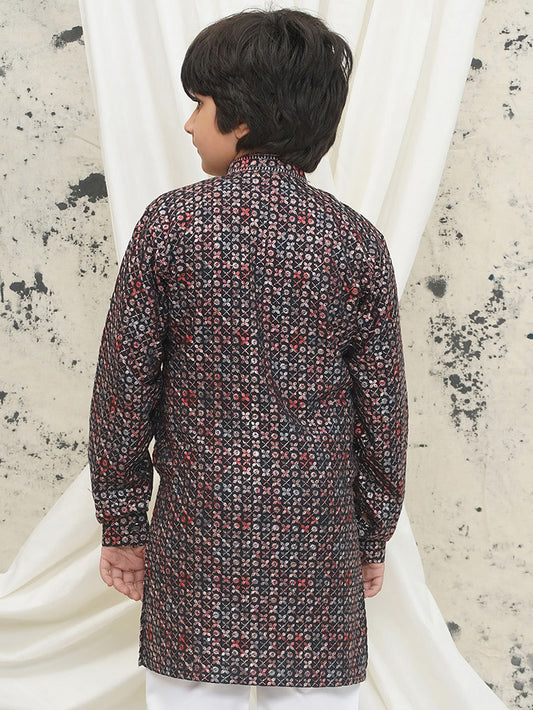 AJ Dezines Red Full sleeves Sequenced Cotton Blend Kurta For Boys