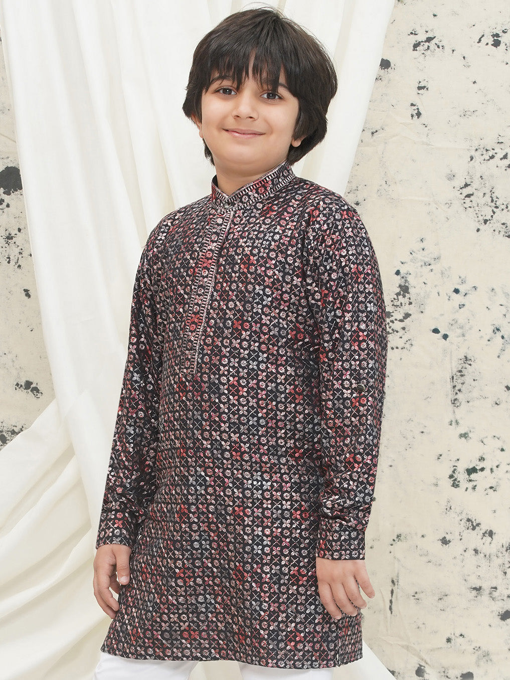 AJ Dezines Red Full sleeves Sequenced Cotton Blend Kurta For Boys