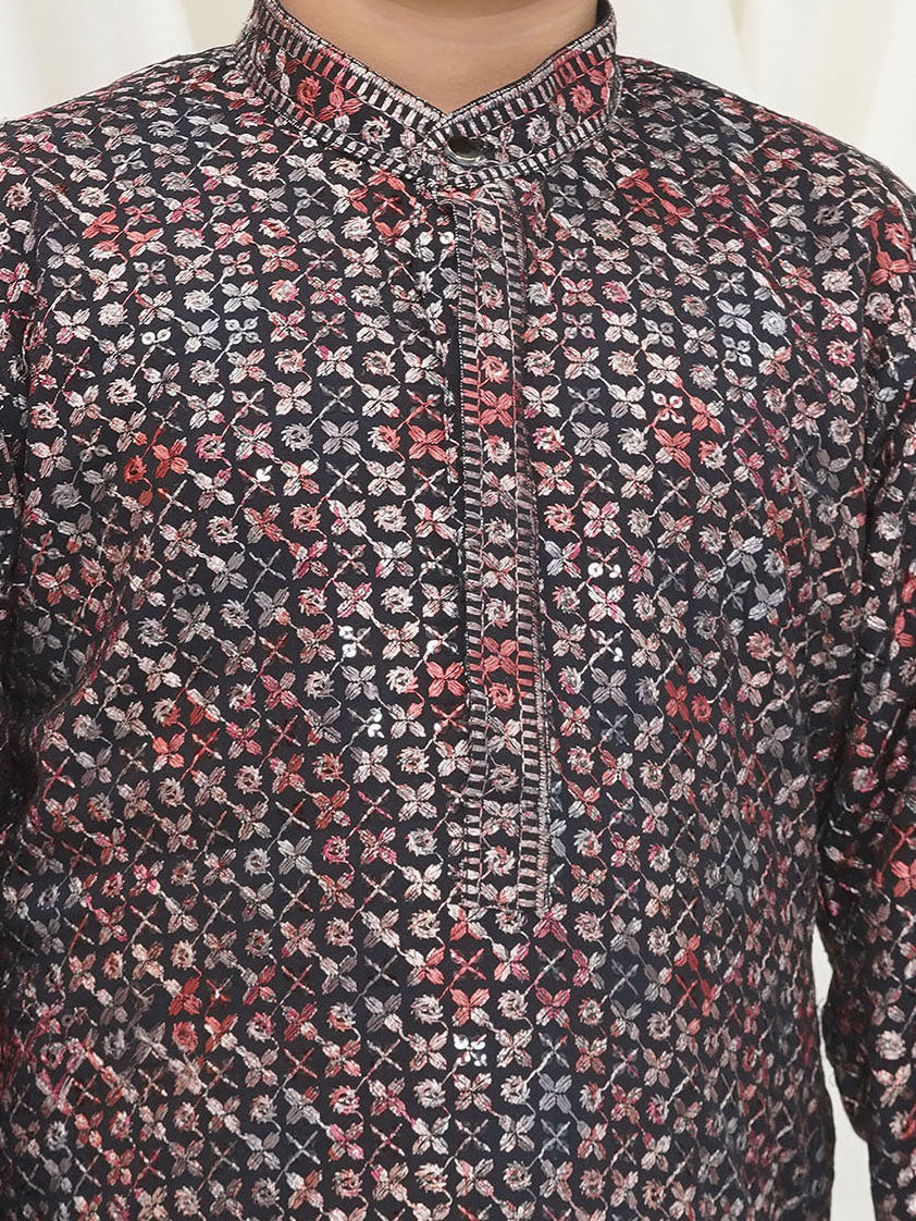 Red Full sleeves Sequenced Cotton Blend Kurta For Boys