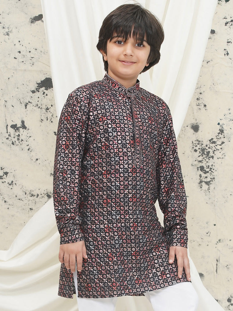 AJ Dezines Red Full sleeves Sequenced Cotton Blend Kurta For Boys