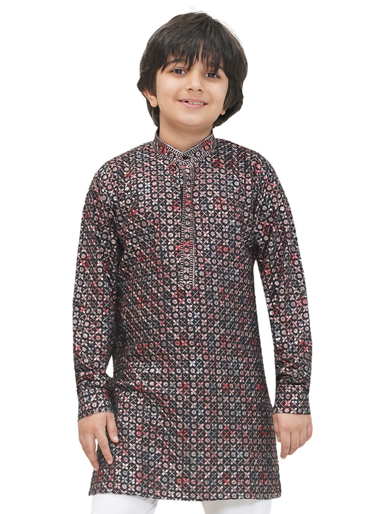 AJ Dezines Red Full sleeves Sequenced Cotton Blend Kurta For Boys