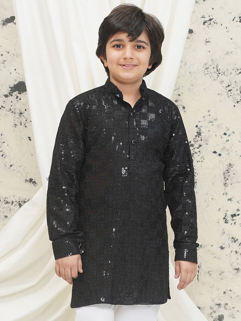 Black Full sleeves Sequenced Chikankari Kurta For Boys