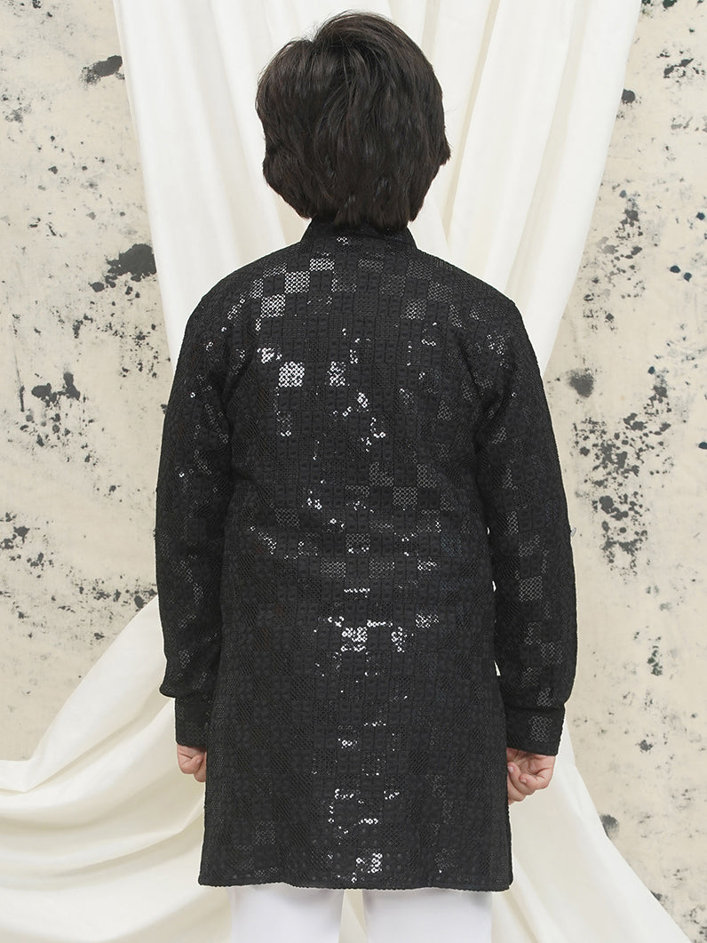 AJ Dezines Black Full sleeves Sequenced Chikankari Kurta For Boys