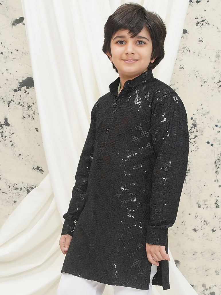 Black Full sleeves Sequenced Chikankari Kurta For Boys