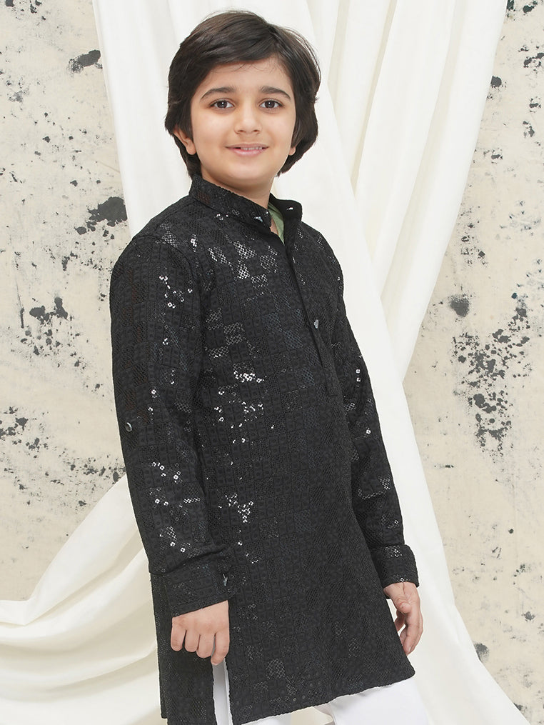 Black Full sleeves Sequenced Chikankari Kurta For Boys