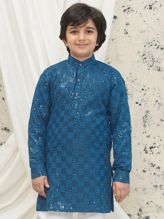 AJ Dezines Blue Full sleeves Sequenced Chikankari Kurta For Boys