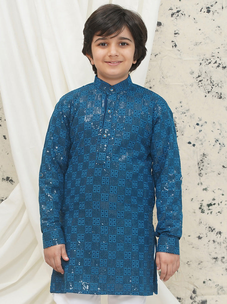 Blue Full sleeves Sequenced Chikankari Kurta For Boys