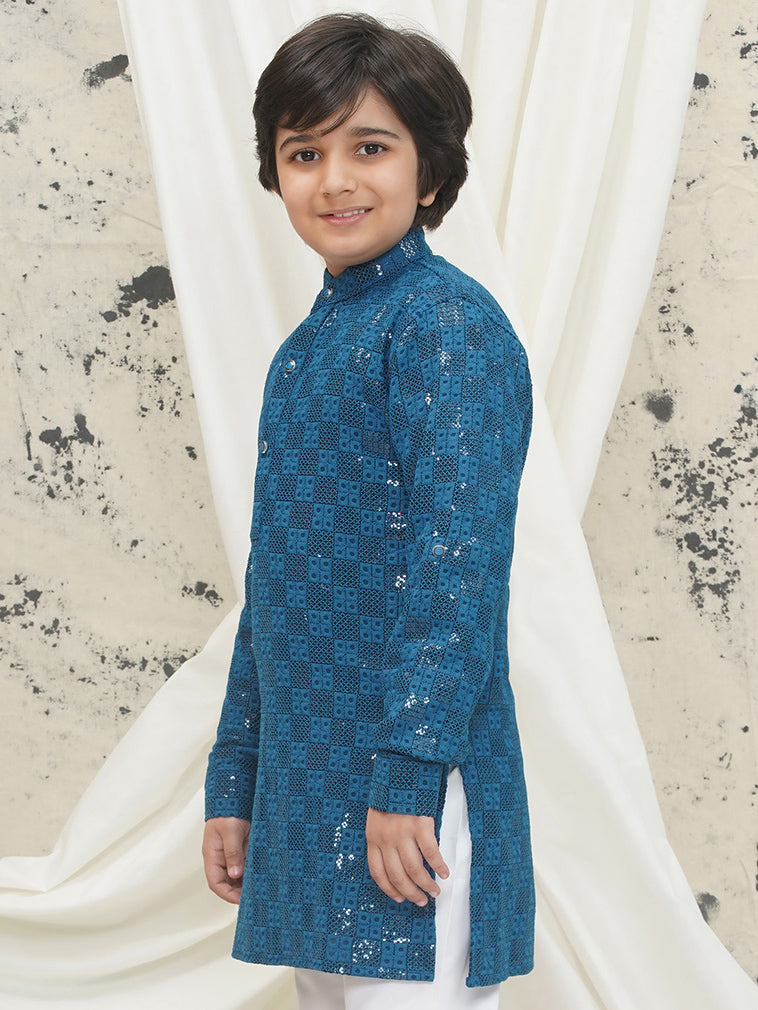 Blue Full sleeves Sequenced Chikankari Kurta For Boys