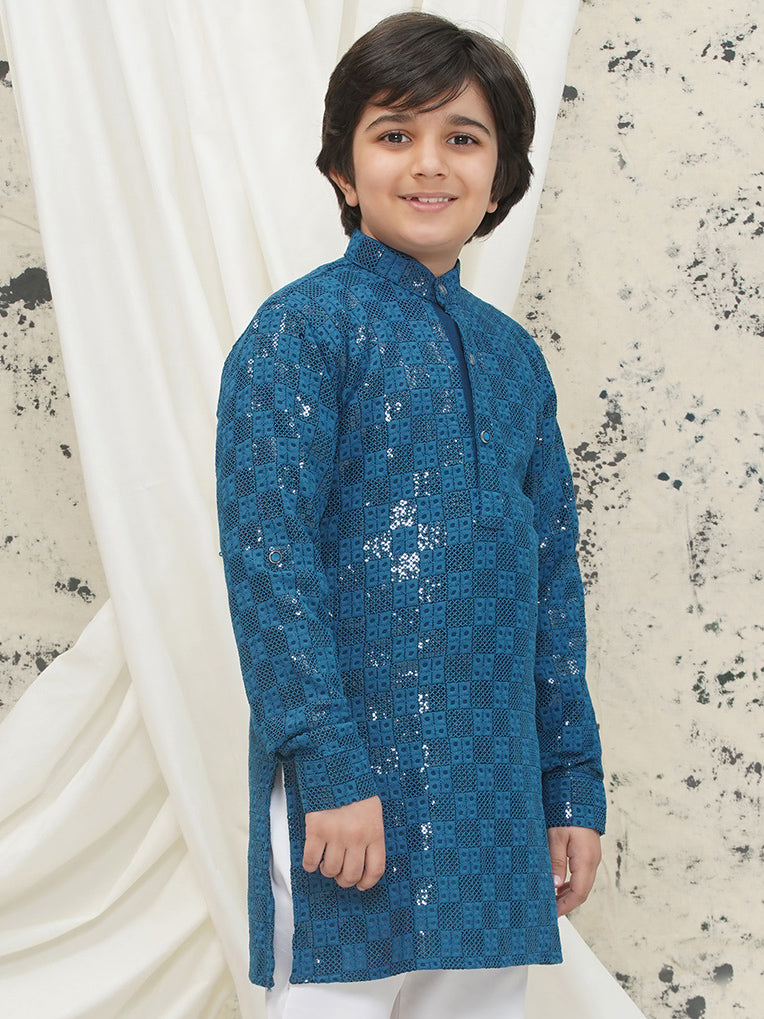 Blue Full sleeves Sequenced Chikankari Kurta For Boys