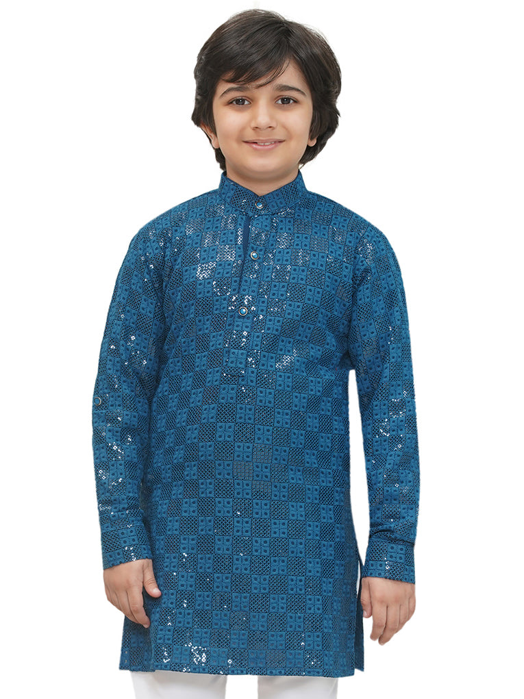 Blue Full sleeves Sequenced Chikankari Kurta For Boys